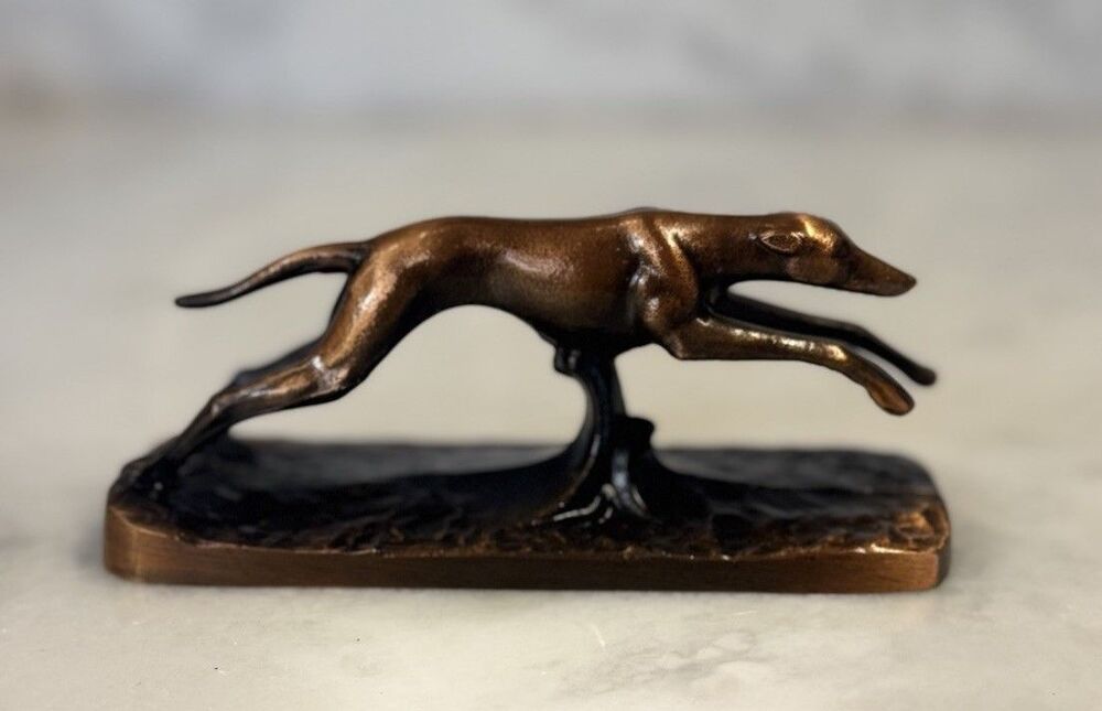Vintage Bronzed Greyhound Dog Paperweight – 5” Running Pose Sculpture – 9.2 oz